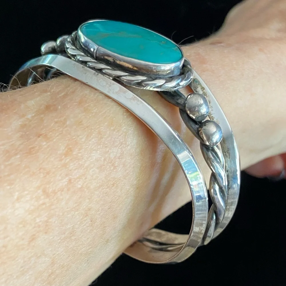 Native Am Navajo Silver & Turquoise Bracelet Beautiful Vintage Cond 6-7” wrist - Picture 7 of 12